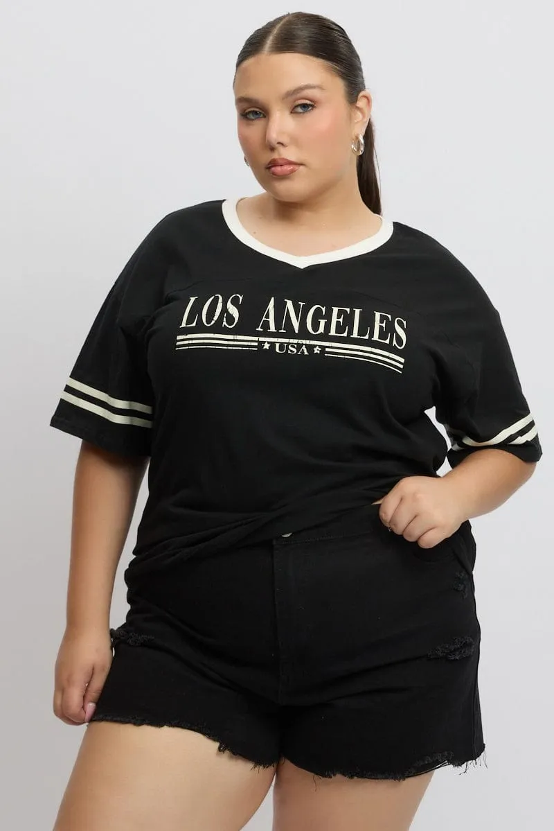 TexturedWeavePattern Soft Material Black Graphic T Shirt Short Sleeve V Neck