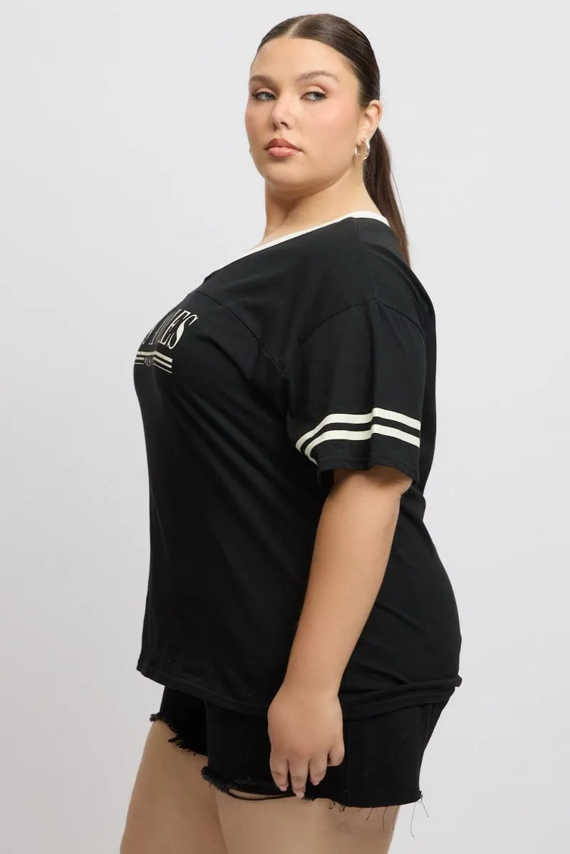 Black Graphic T Shirt Short Sleeve V Neck Active Lifestyle Flexible Ribbed Cuffs