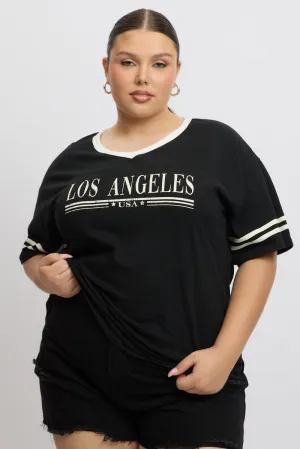 Black Graphic T Shirt Short Sleeve V Neck Garment Washed Texture