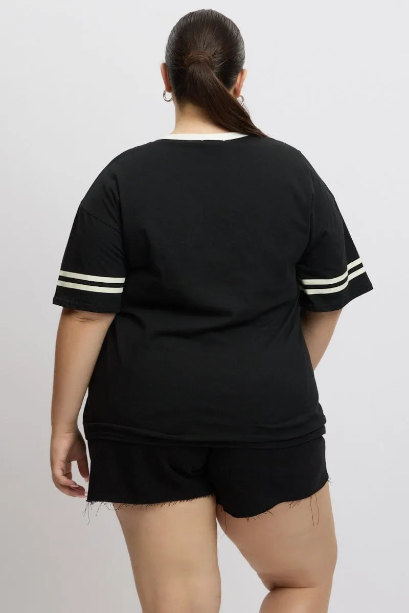 Black Graphic T Shirt Short Sleeve V Neck Quality Layer