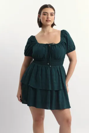 Green Textured Shirred Waist Mini Dress Timeless Fashion