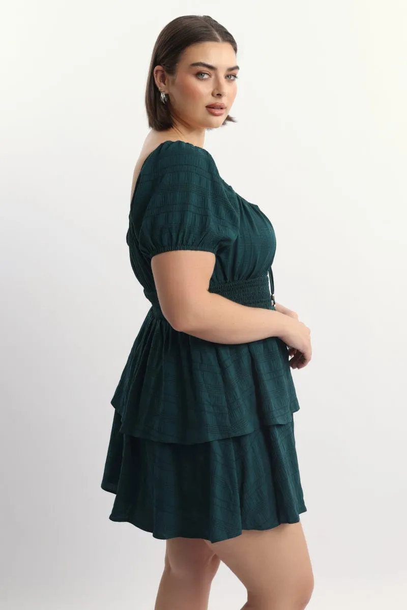 Green Textured Shirred Waist Mini Dress Odor Resistant Finish