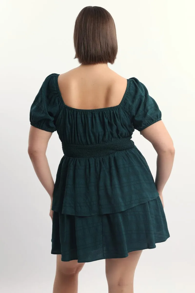 Green Textured Shirred Waist Mini Dress Eco Friendly Fabric