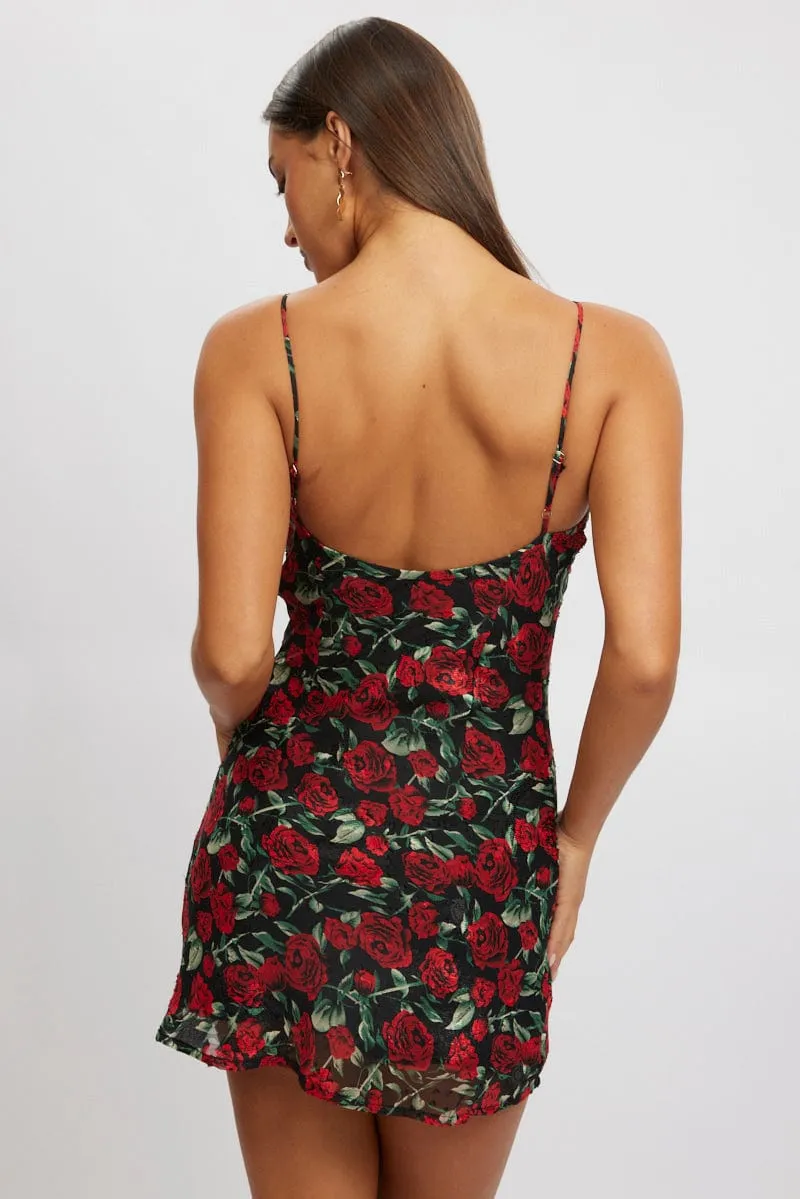Red Floral Mini Dress Bias Star Glow
