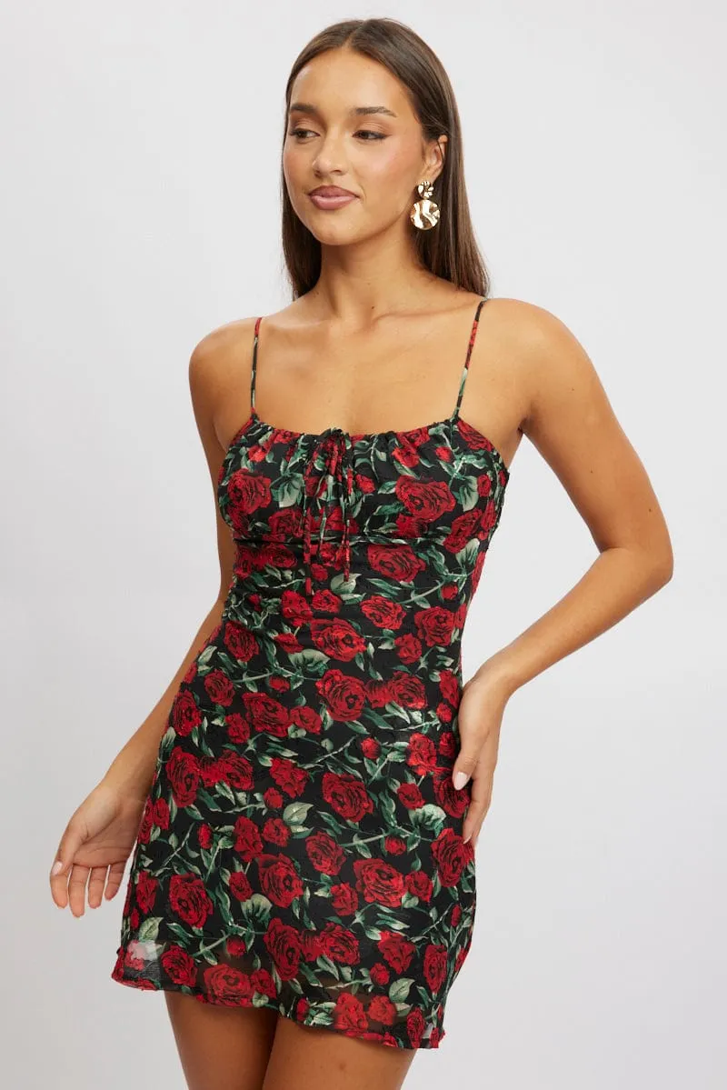 Stretch Fabric Red Floral Mini Dress Bias