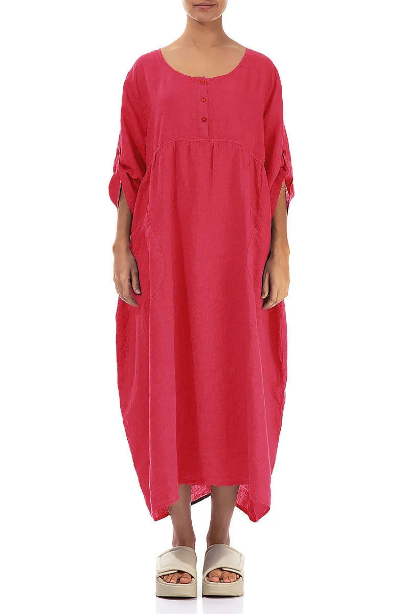 FormFitting Cut HighDensityWeave Buttoned Raspberry Linen Dress