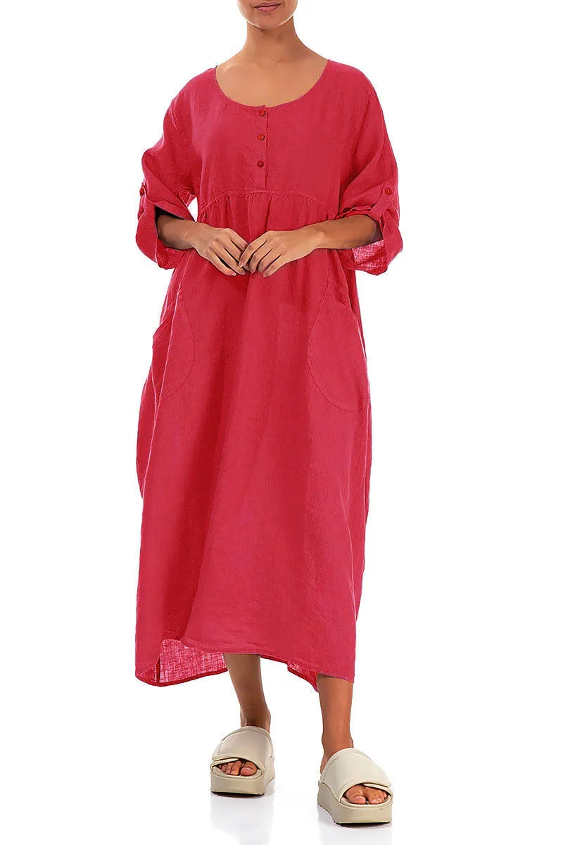 Mature Charm Buttoned Raspberry Linen Dress