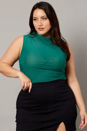Stylish Dress Green Mesh Tank Top Sleeveless Mock Neck Ruched