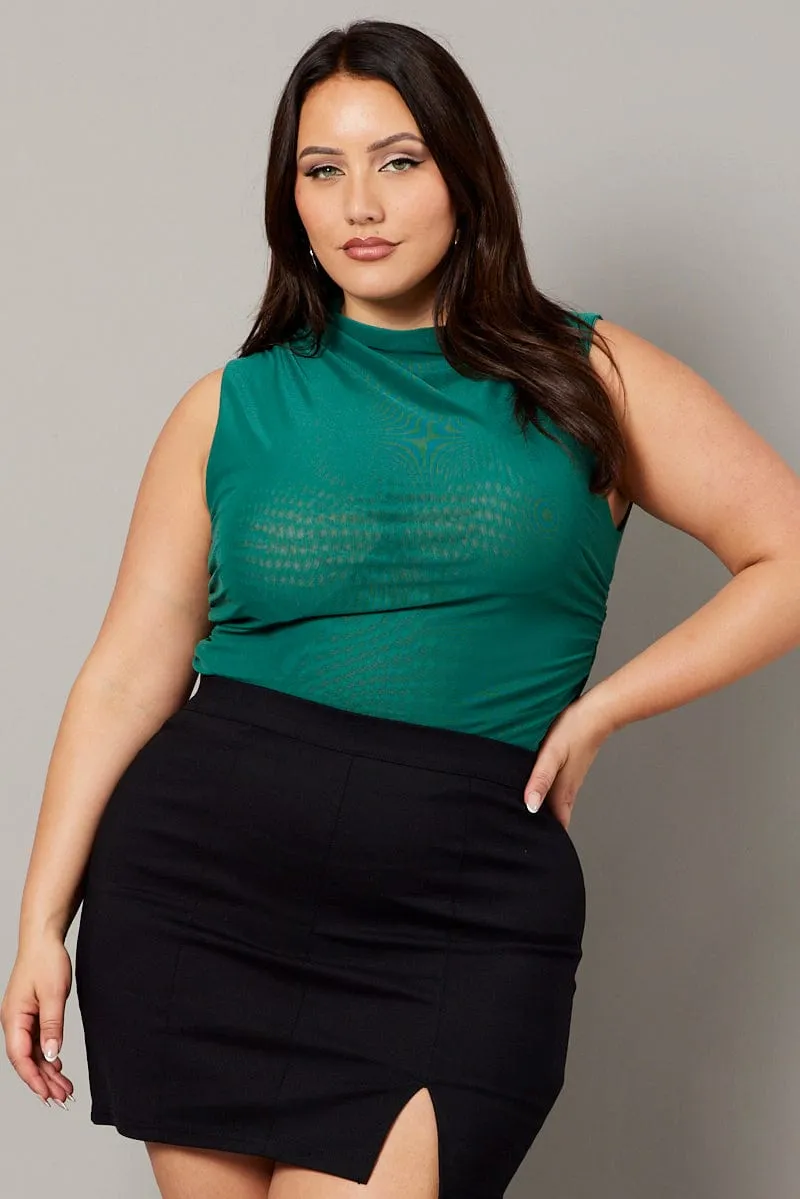 Green Mesh Tank Top Sleeveless Mock Neck Ruched Basic Wear QuickReleaseClosure