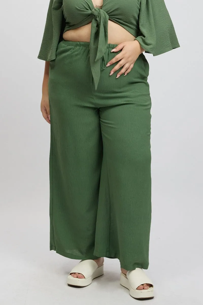 Green Textured Georgette Lined Wide Leg Pants Versatile Design Sustainable Fabric