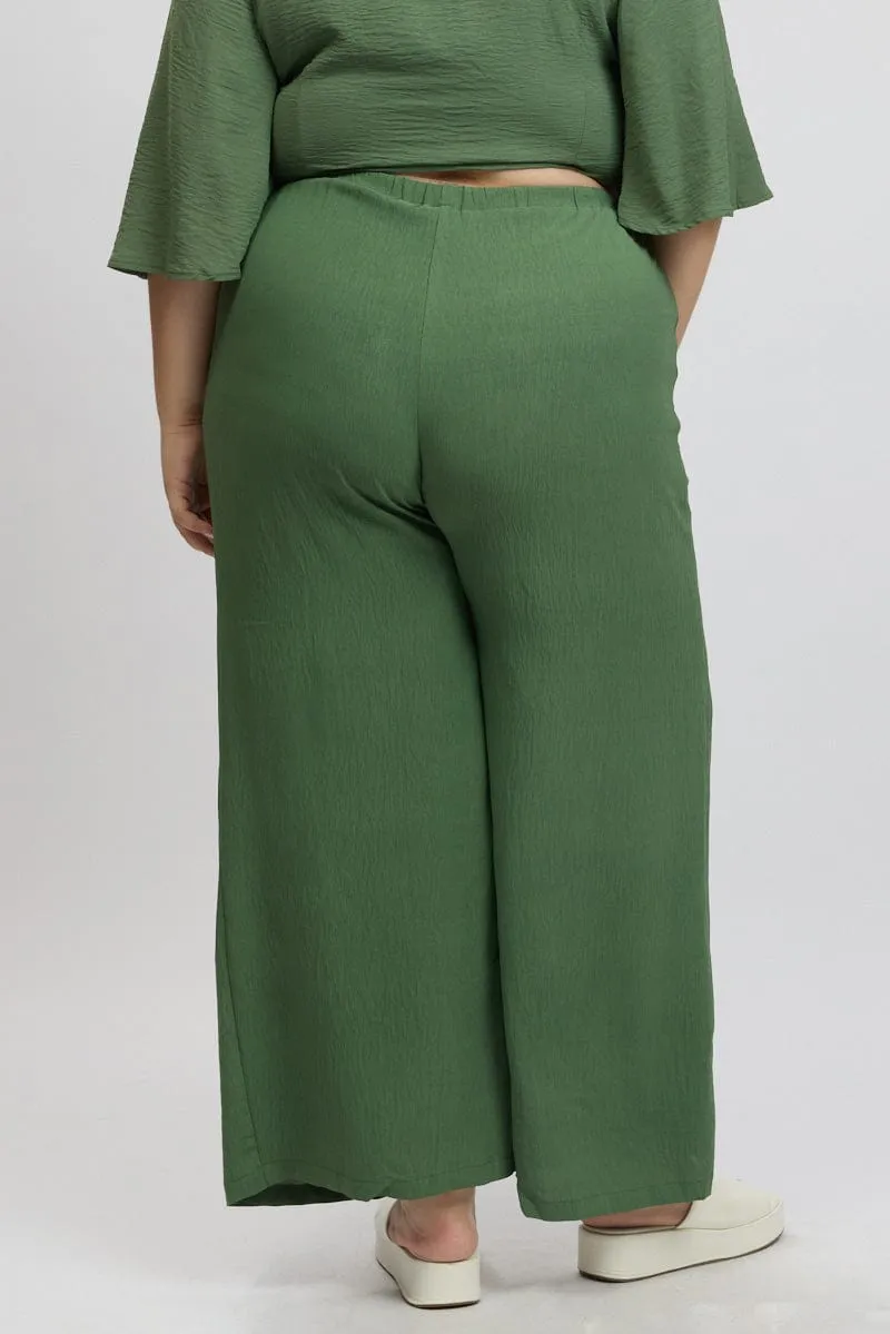 Organic Cotton Blend Modular Pocket System Green Textured Georgette Lined Wide Leg Pants