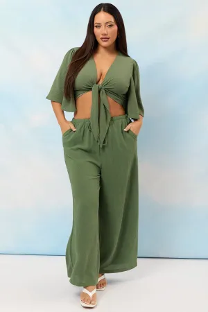 Green Textured Georgette Lined Wide Leg Pants Comfy Stretch Sleek Fit