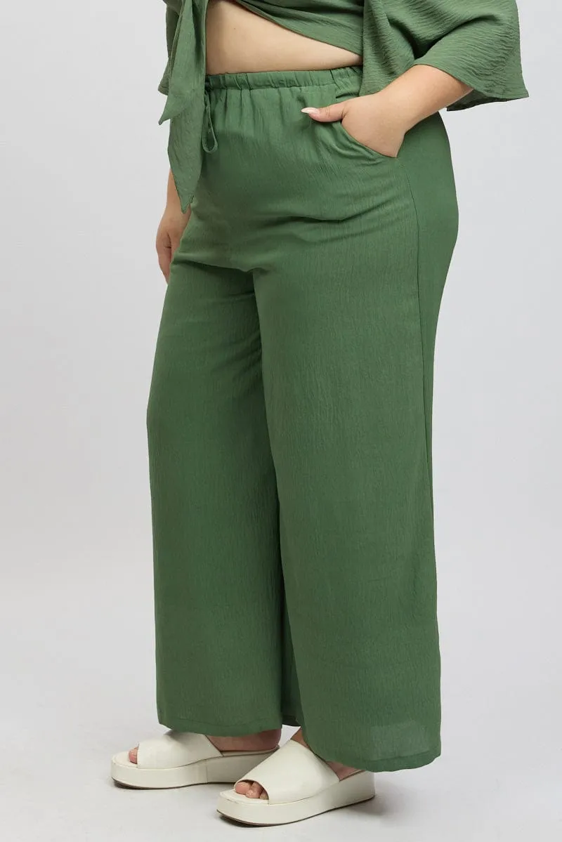 Green Textured Georgette Lined Wide Leg Pants Fit For Movement