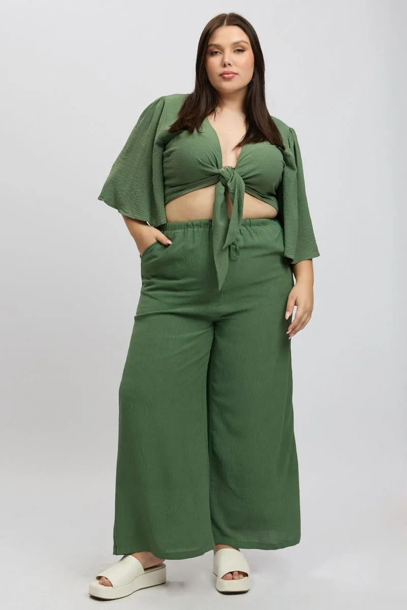 Sport Friendly Anti Bacterial Treatment Green Textured Georgette Lined Wide Leg Pants