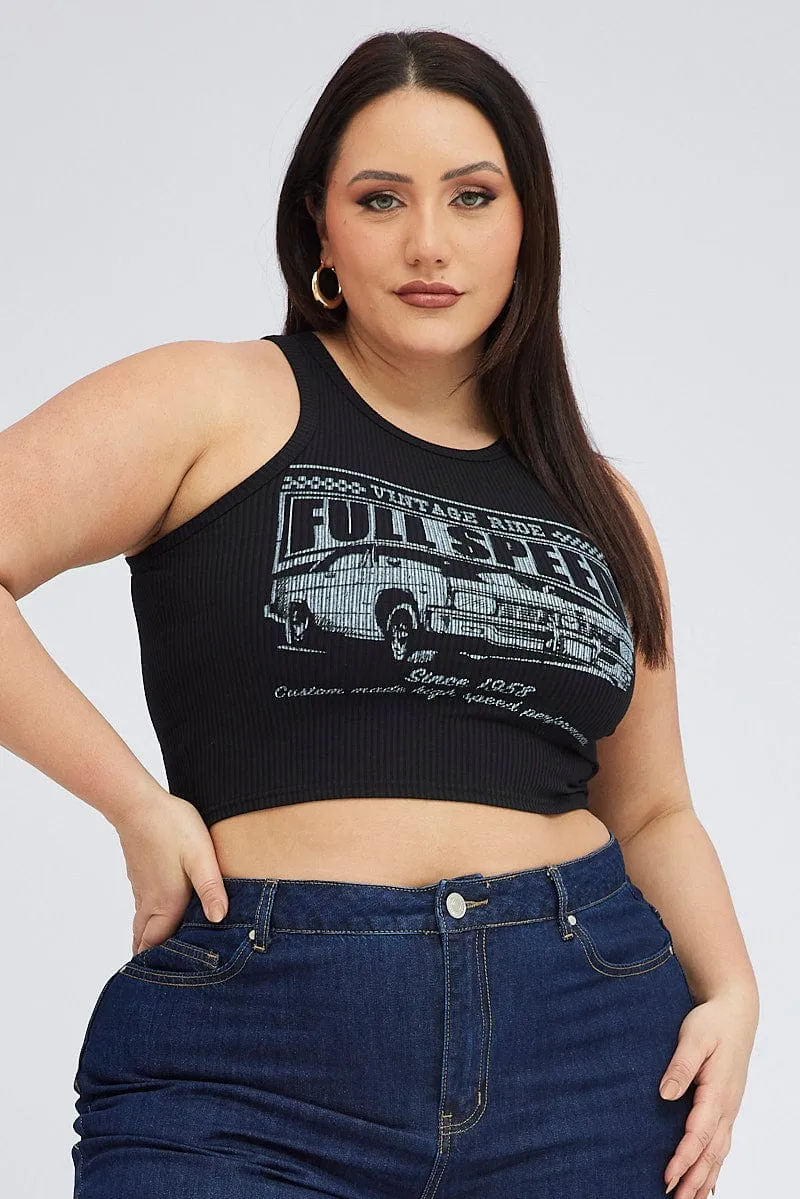 Black Graphic Tank Top Crew Neck Office Glam