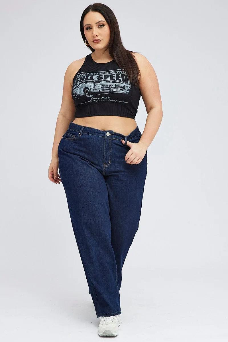 Black Graphic Tank Top Crew Neck Organza Fit