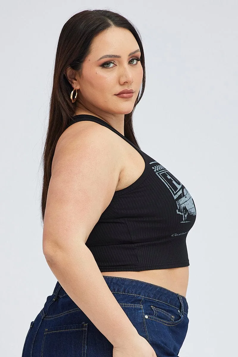 Loose Thread Black Graphic Tank Top Crew Neck