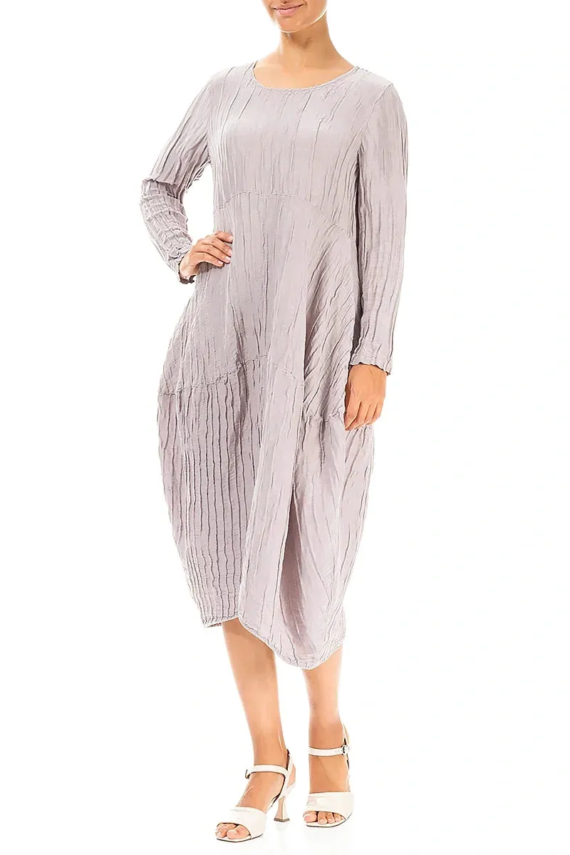 Long Sleeves Balloon Crinkled Greige Silk Linen Dress OdorResistant Fabric