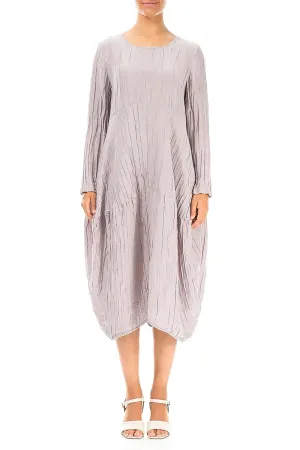 Long Sleeves Balloon Crinkled Greige Silk Linen Dress AntiPillFinish