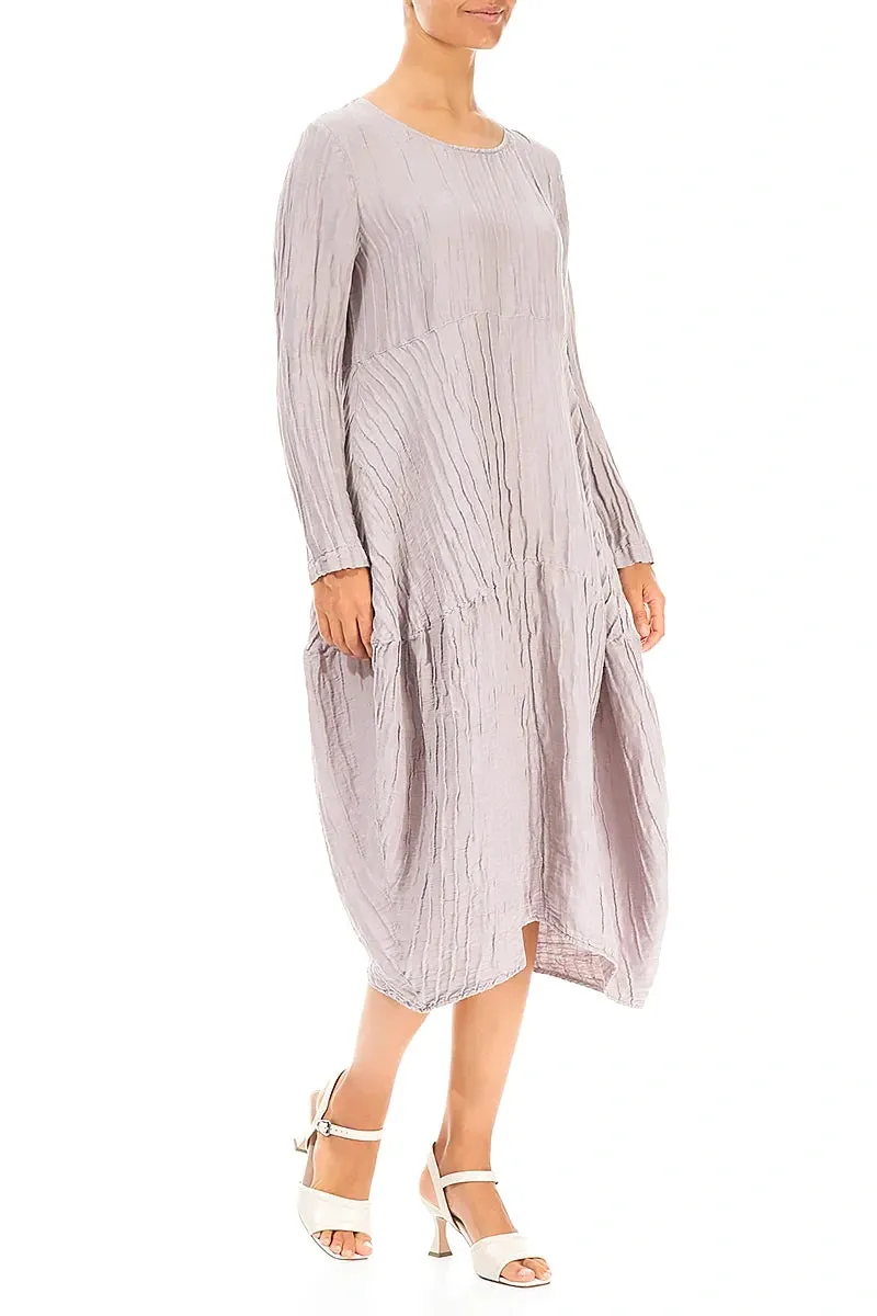 Reflective Safety Accents Smooth Yarn Long Sleeves Balloon Crinkled Greige Silk Linen Dress