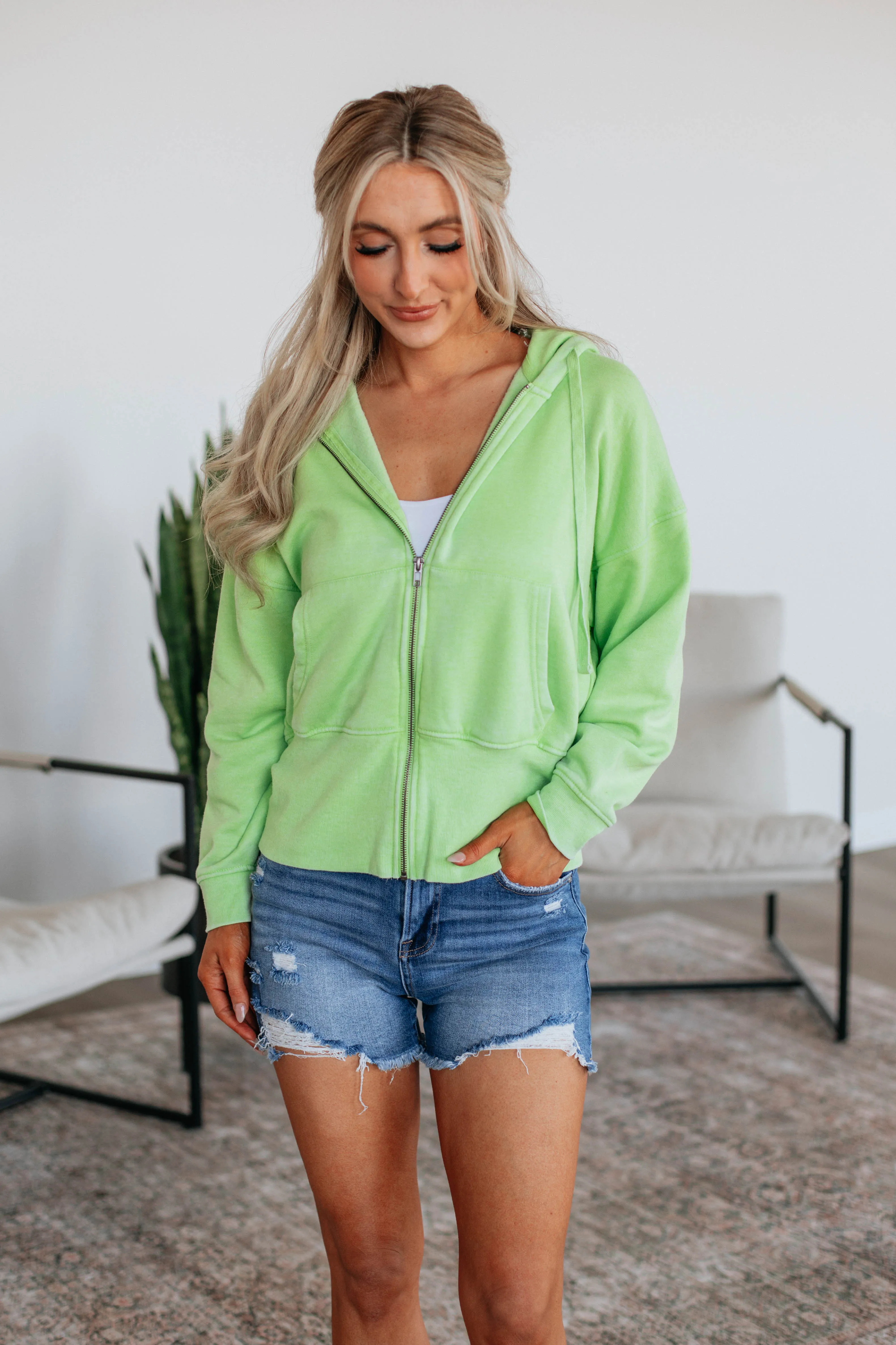 Maxwell Washed Zip-Up Hoodie - Kiwi MultiPanelDesign LightweightInsulation
