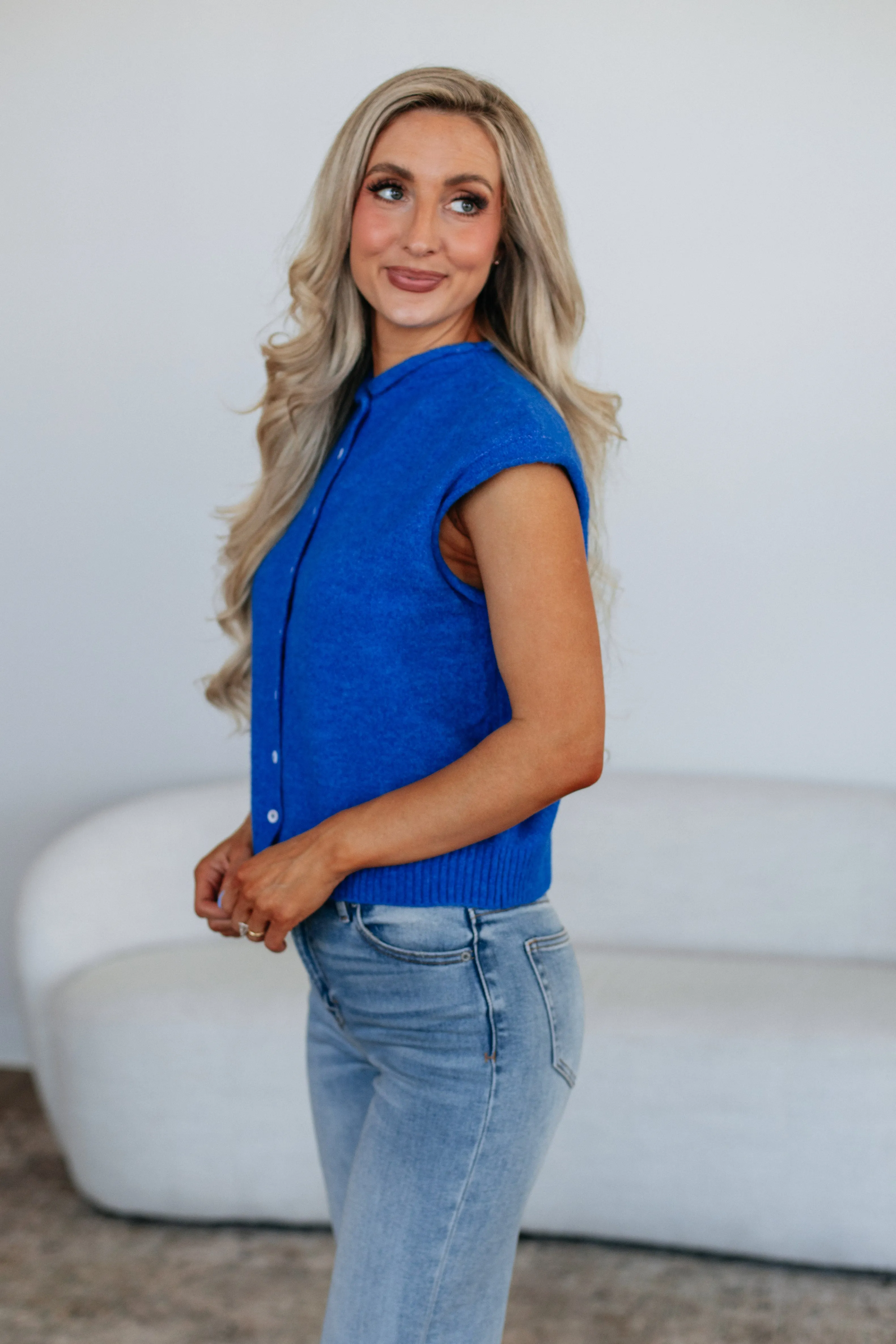 Breathable Open Weave Fray Resistant Edges Camry Cardigan Top - Cobalt