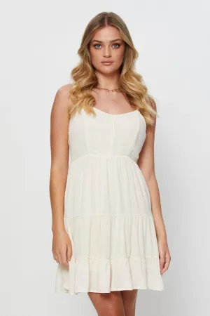 Beige Mini Dress Sleeveless Sweetheart Neckline Flirty Vibe
