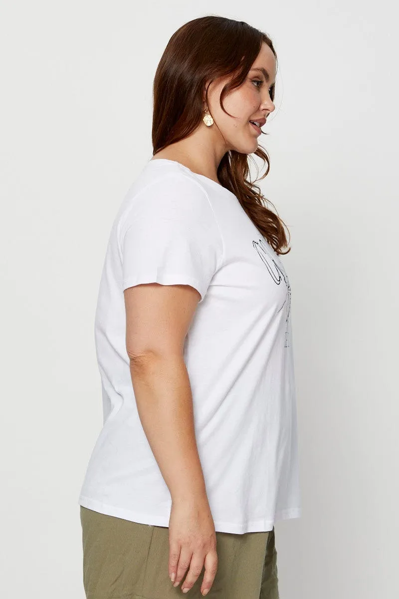 insulated Trendy Tops White Graphic T-shirt Crew Neck Short Sleeve Cotton