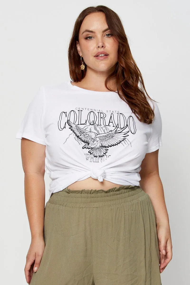 White Graphic T-shirt Crew Neck Short Sleeve Cotton Layered Hem Design