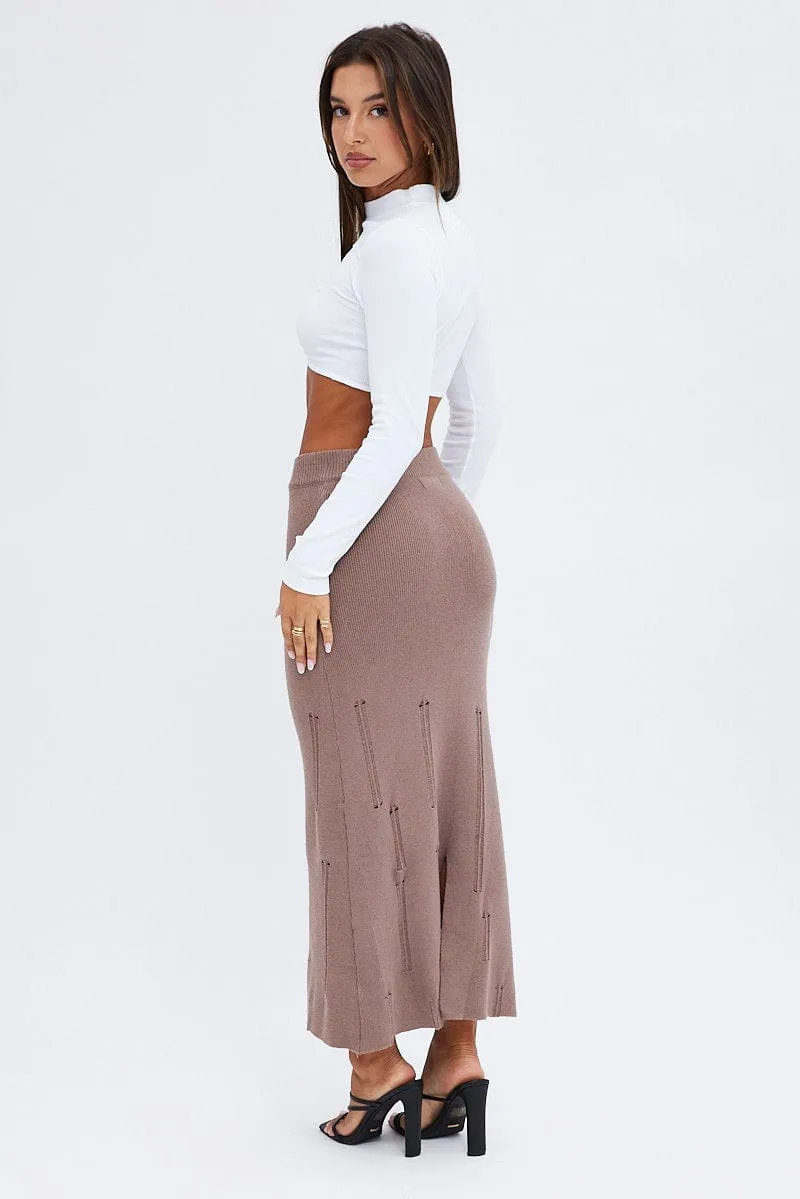 Hemp Blend Brown Midi Skirt High Waisted A-line Ladder Knit