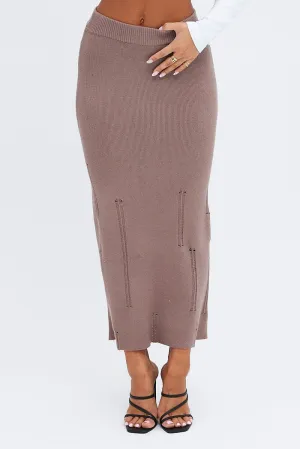 Brown Midi Skirt High Waisted A-line Ladder Knit Cozy Edge