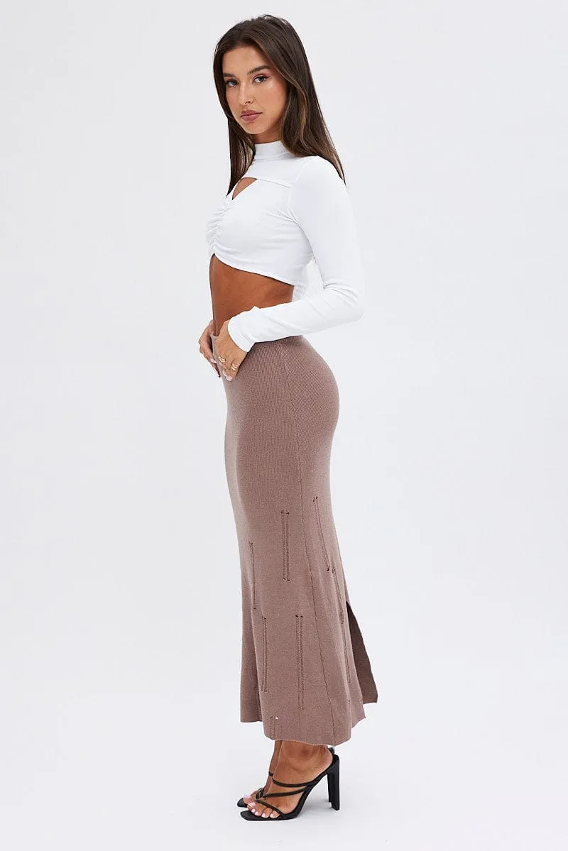 Soft Touch Layered Look Brown Midi Skirt High Waisted A-line Ladder Knit