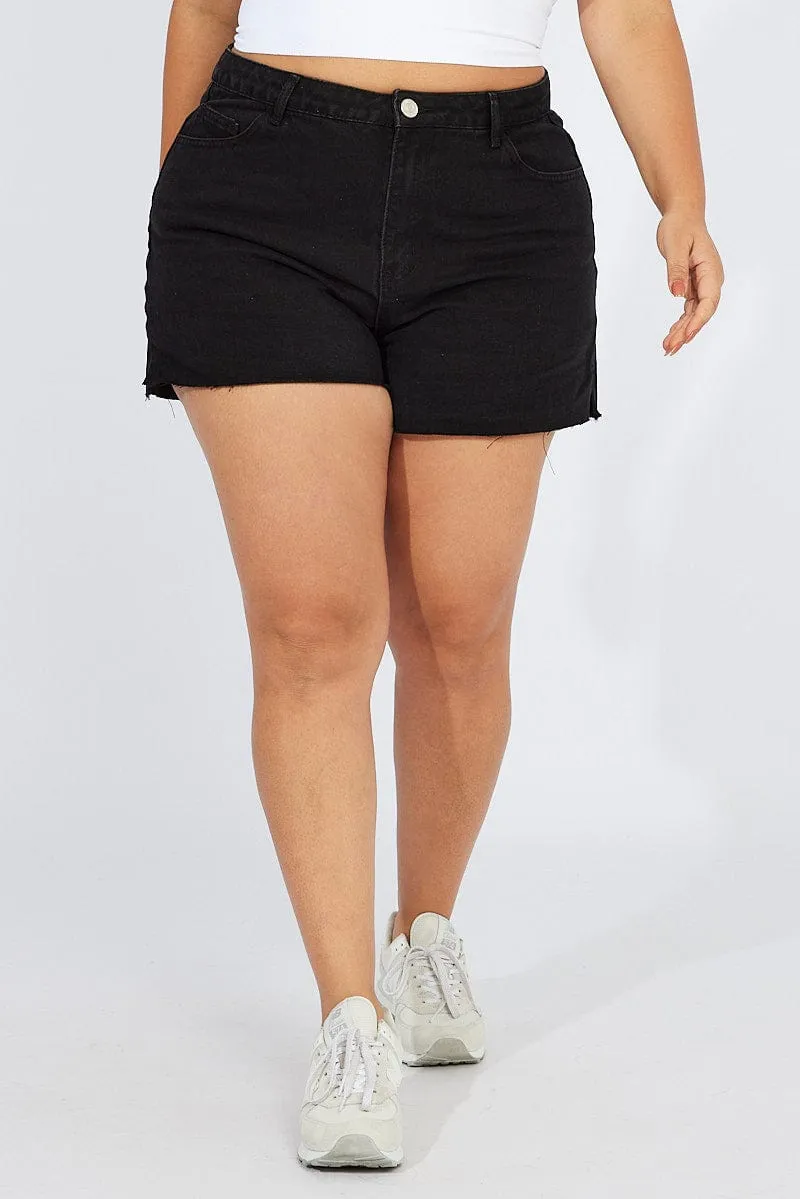 Black Relaxed Shorts Mid Rise ChafeResistant Seams Placket Closure