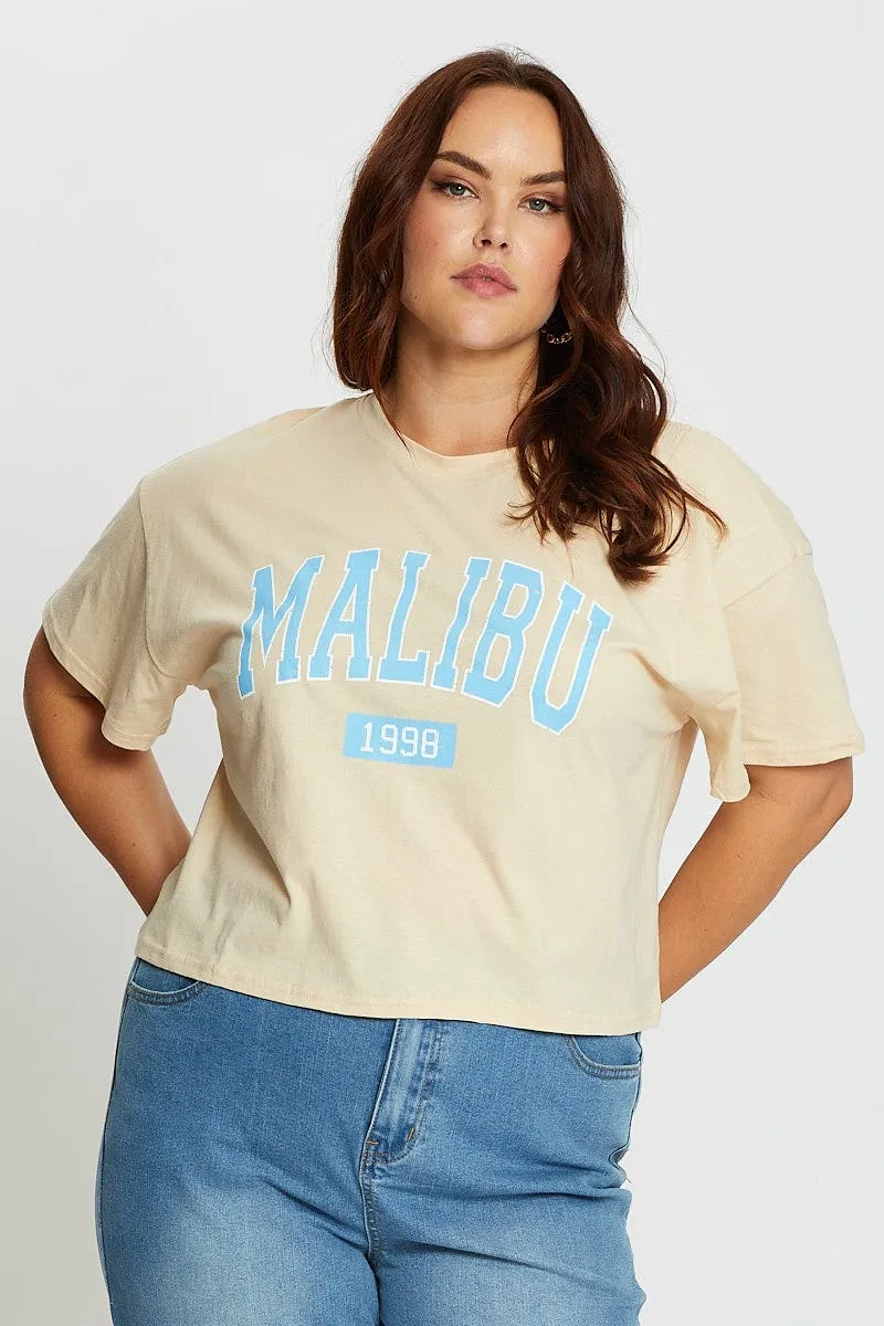 Beige Short Sleeve Malibu Semi Crop Sand T-shirt Unisex Fit Daily Favorite