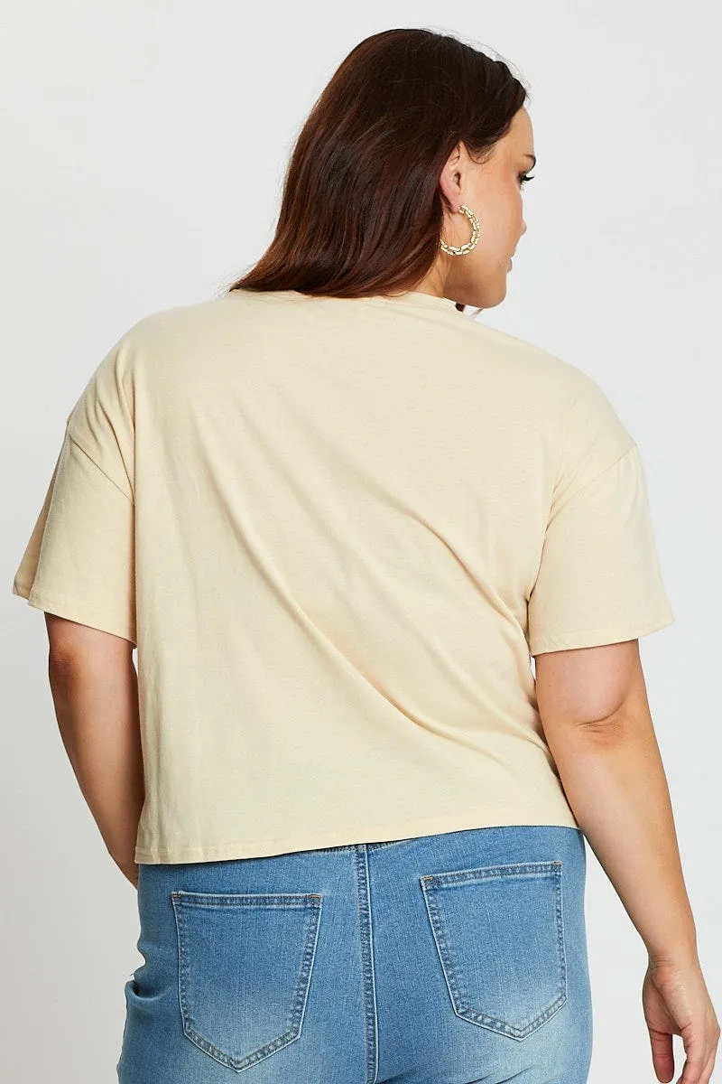 Fashionable Look Beige Short Sleeve Malibu Semi Crop Sand T-shirt