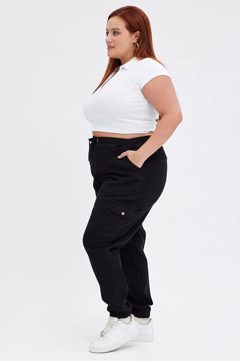 Style Appropriate Balanced Fit Black Cargo Denim Jeans High Rise