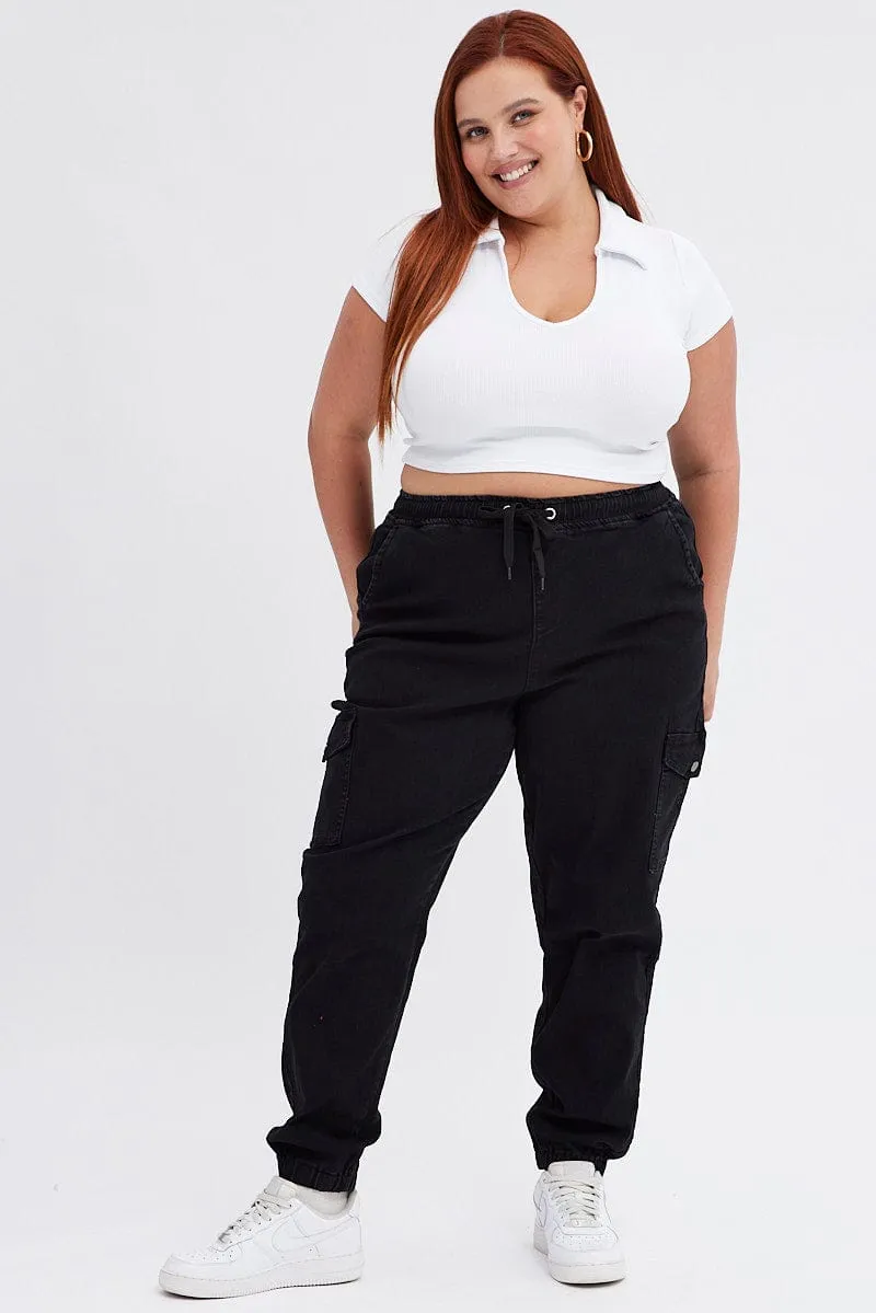 Curved Seam Construction Weekend Vibe Black Cargo Denim Jeans High Rise