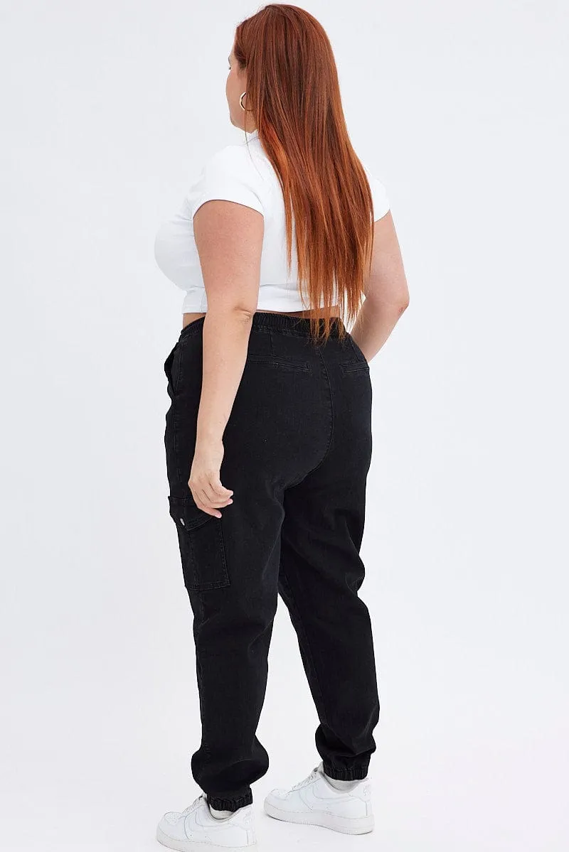 Black Cargo Denim Jeans High Rise Cozy Feel