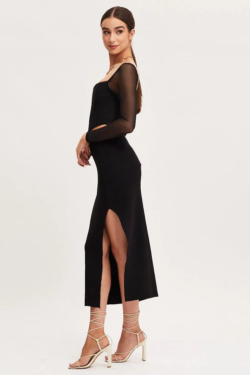 Oversized style Black Knit Skirt Midi High Rise