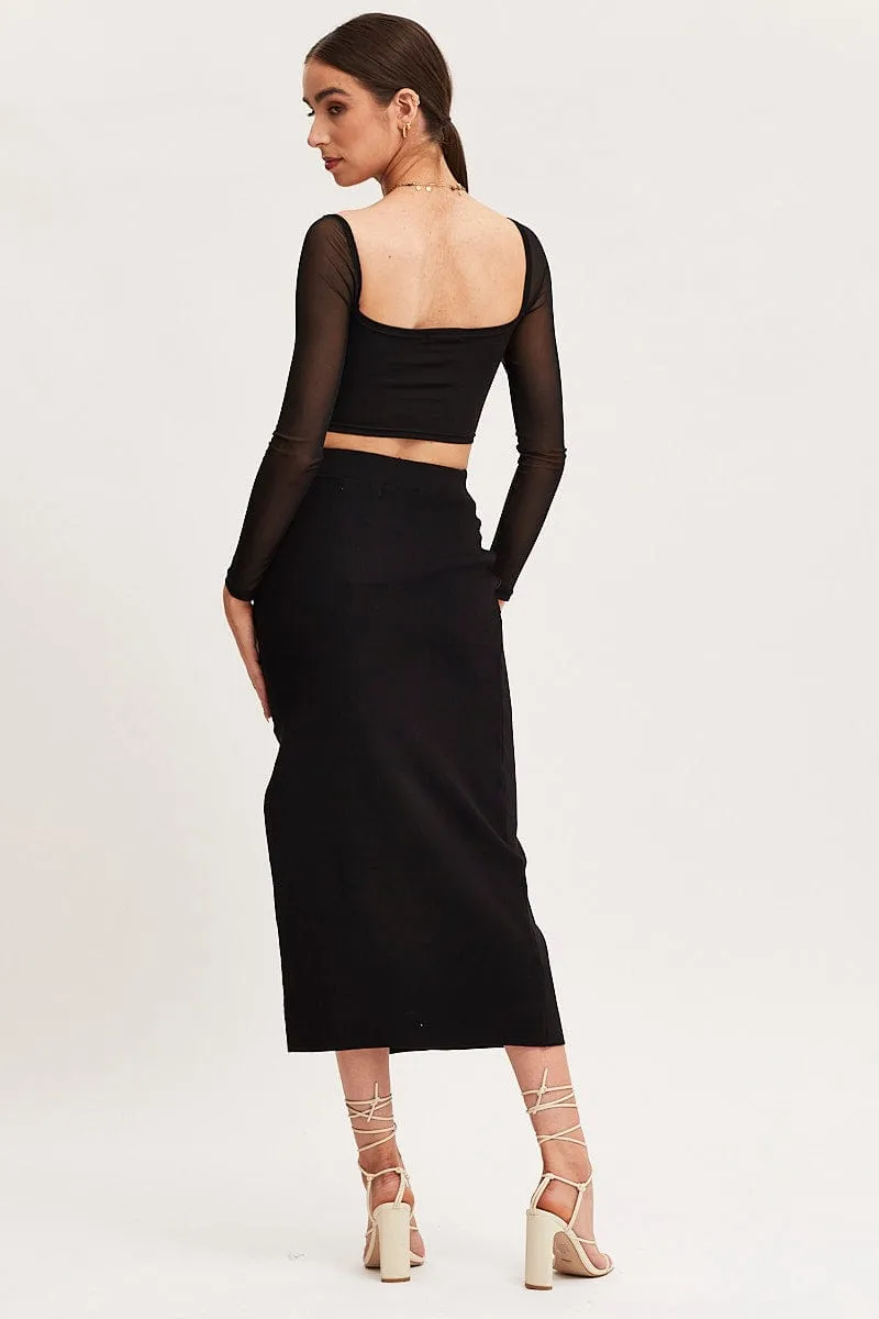 Twist Front Design Black Knit Skirt Midi High Rise