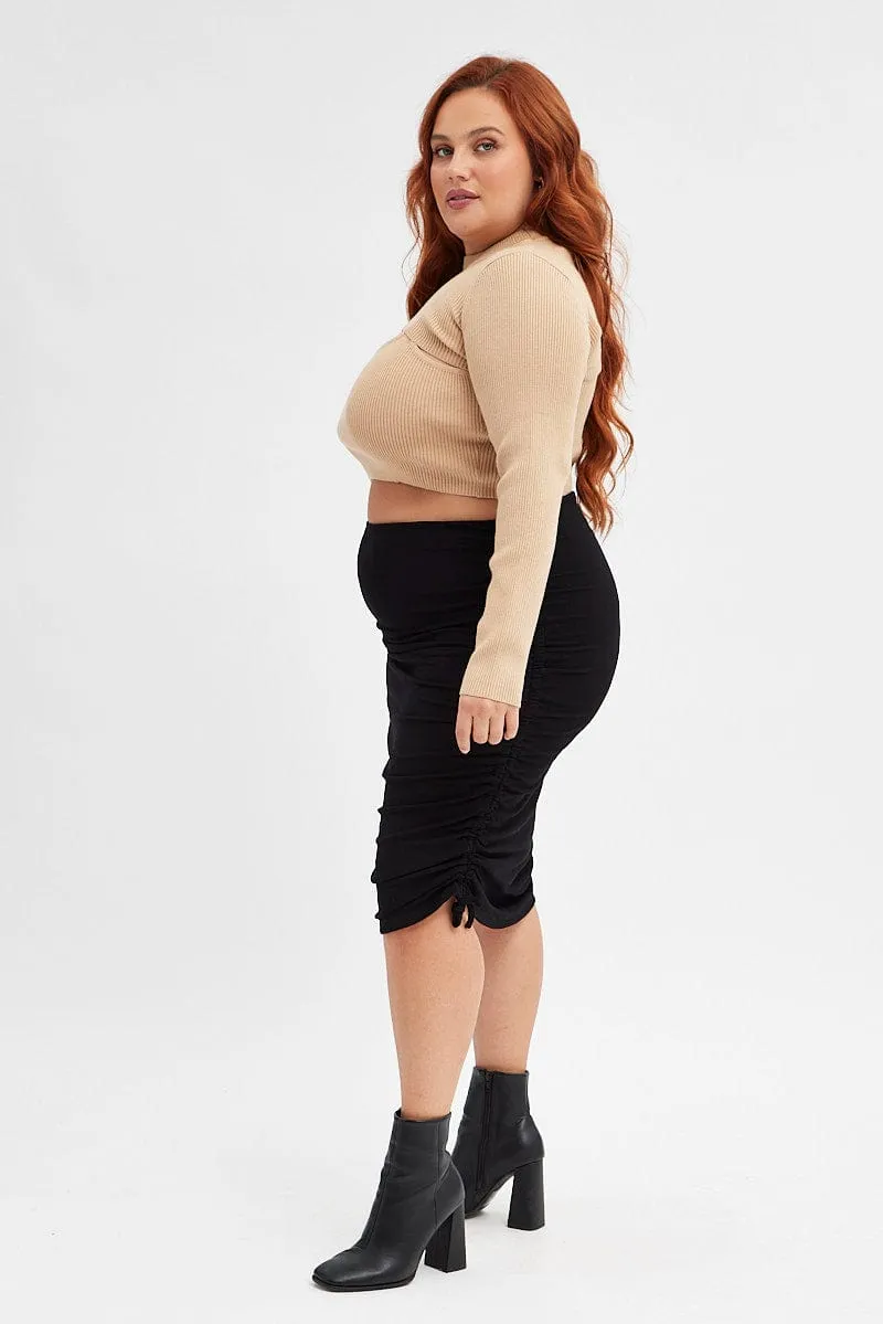 Laid Back Look Black Rib Skirt Jersey Drawstring Side Knee Length
