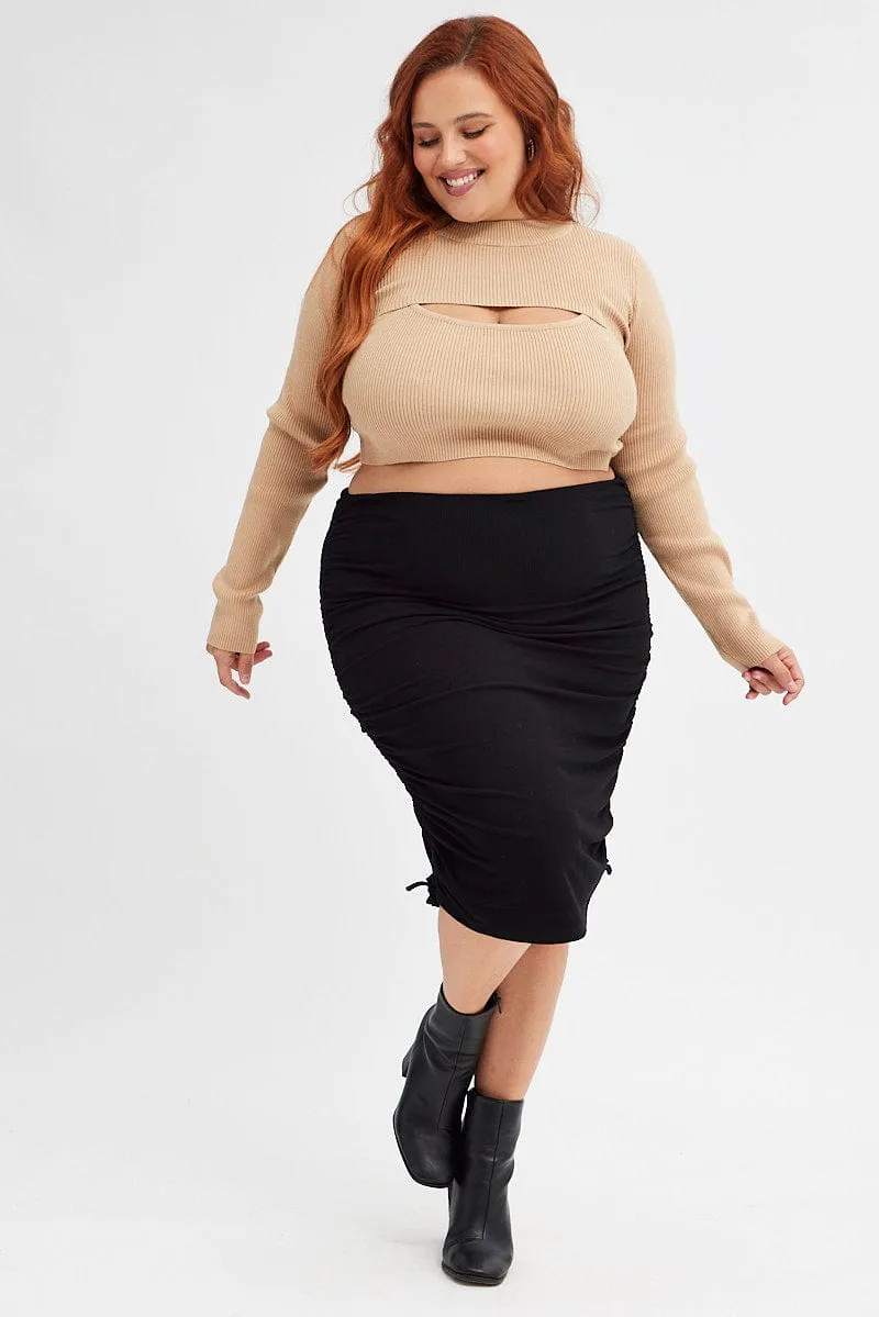 Outfit Focused Tropical theme Black Rib Skirt Jersey Drawstring Side Knee Length