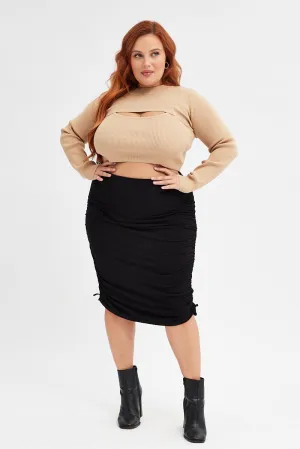 Black Rib Skirt Jersey Drawstring Side Knee Length Quiet Style ribbed texture