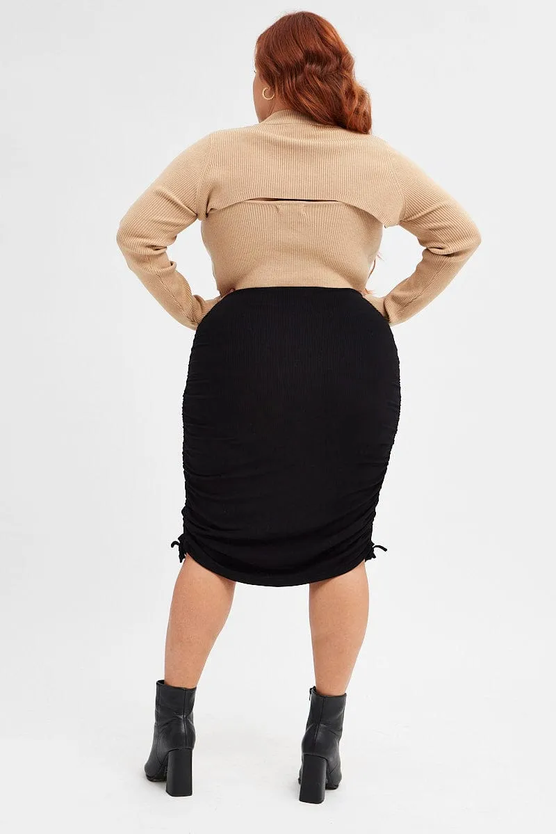 Black Rib Skirt Jersey Drawstring Side Knee Length Classic Look Fade Resistant Cloth