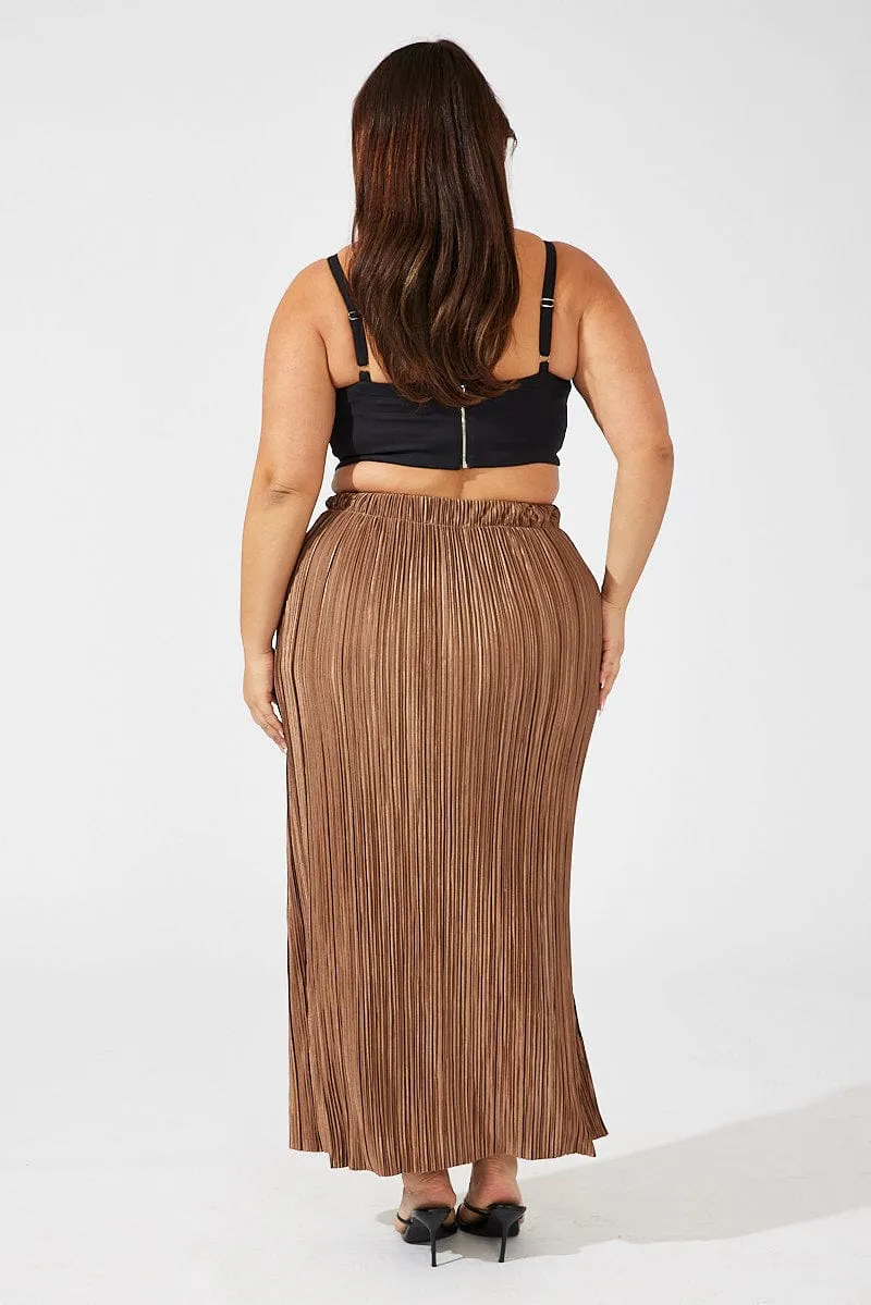 Design Detail Brown Midi Skirt Side Split Plisse