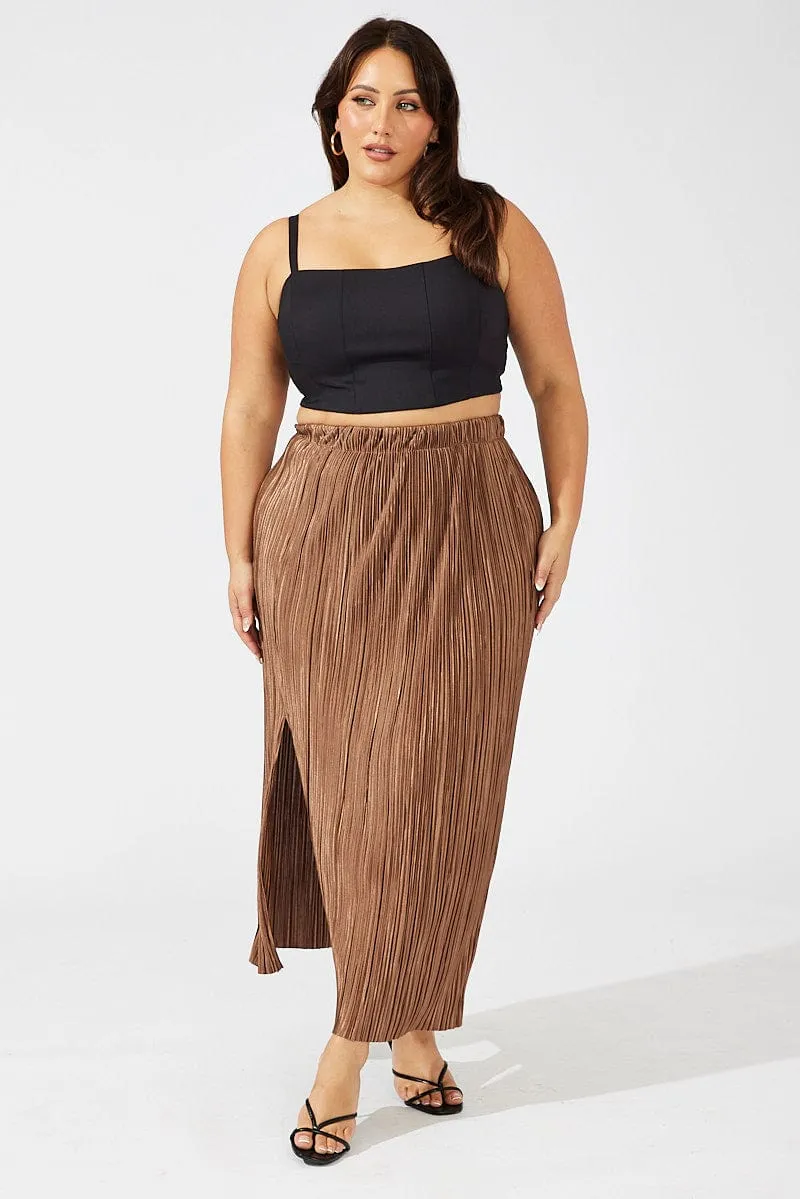 Brown Midi Skirt Side Split Plisse Global Inspiration