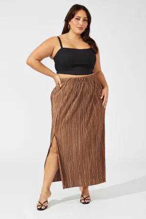 Brown Midi Skirt Side Split Plisse Mix Texture Gentle Flow