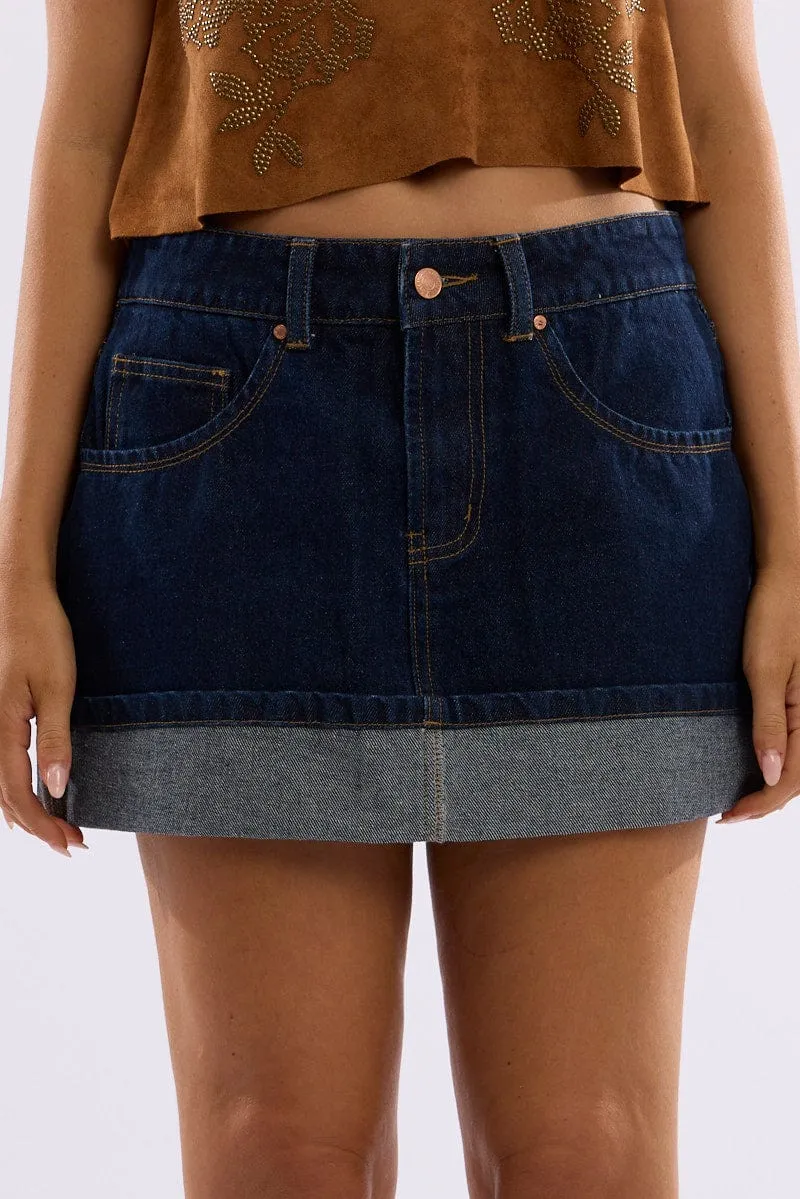 Denim Mini Skirt Mid Rise Rolled Up Hem Signature Detail