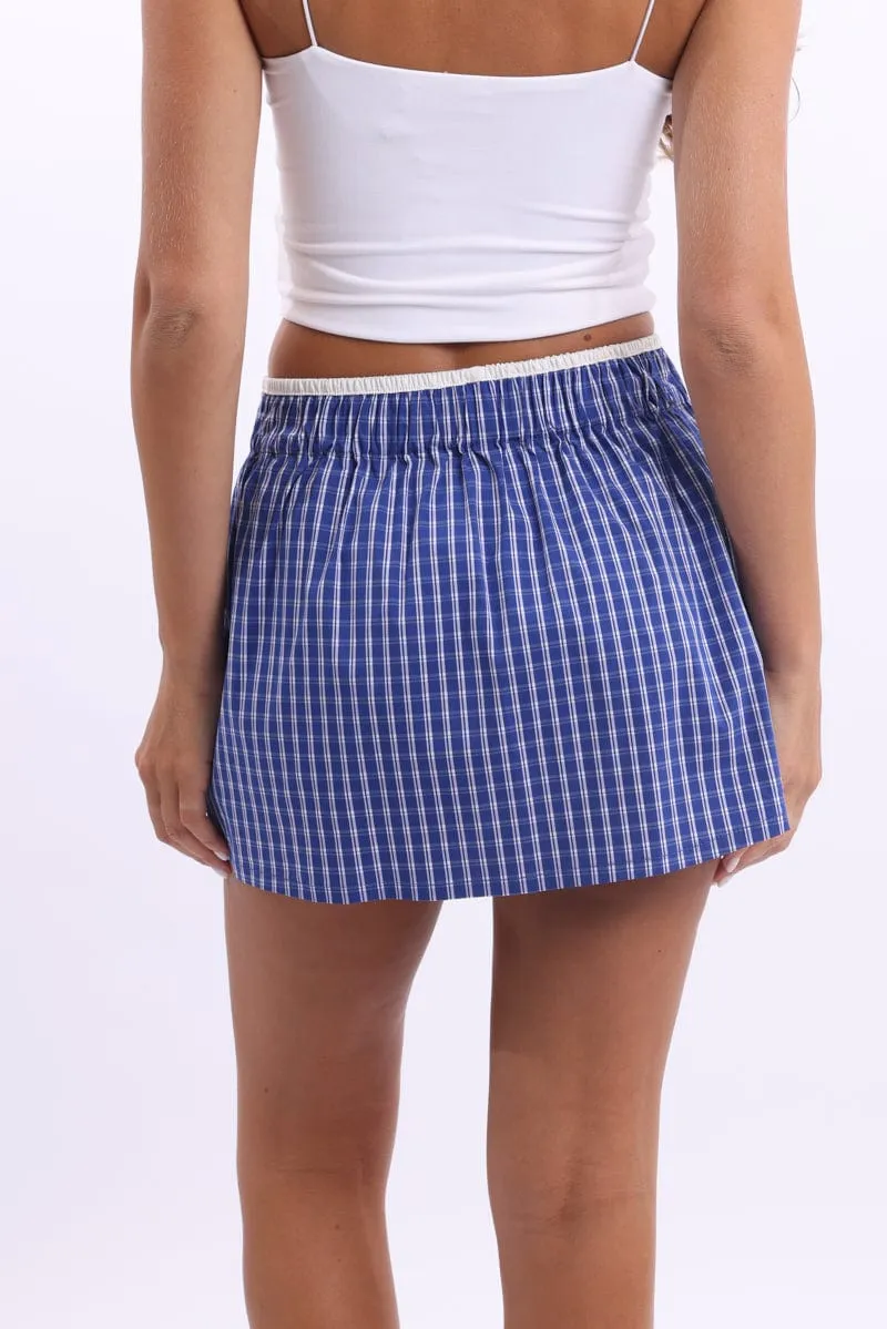 Gentle Wear Friction Free Blue Check Boxer Mini Skirt Mid Rise Relaxed Fit