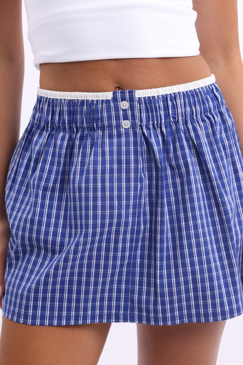 Blue Check Boxer Mini Skirt Mid Rise Relaxed Fit Outfit Combo